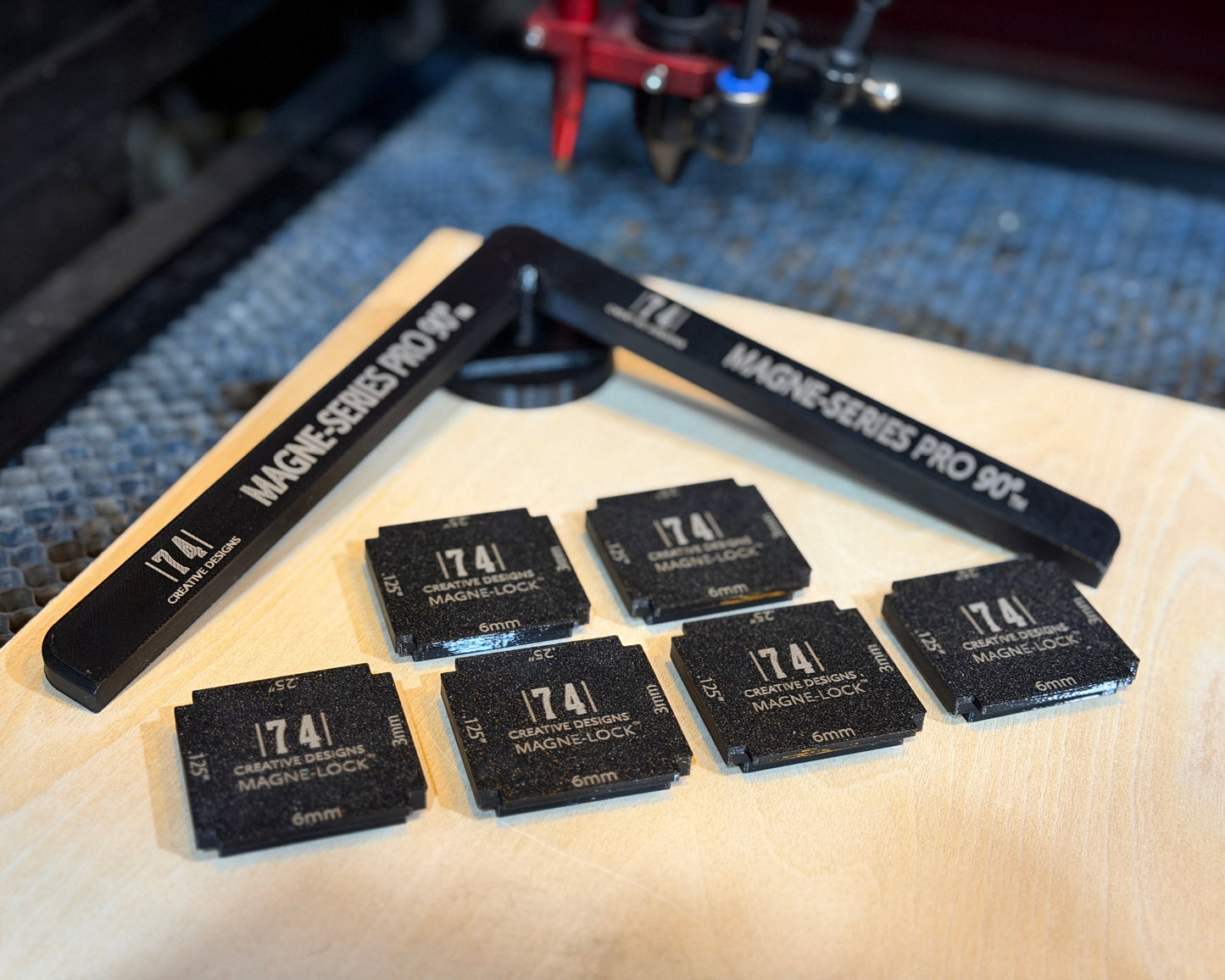 Co2 laser material magnetic hold down
with 90 degree magnetic alignment tool